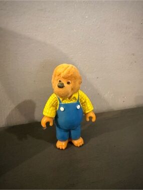Plush-Head Bear Figure in Yellow Shirt and Blue Overalls